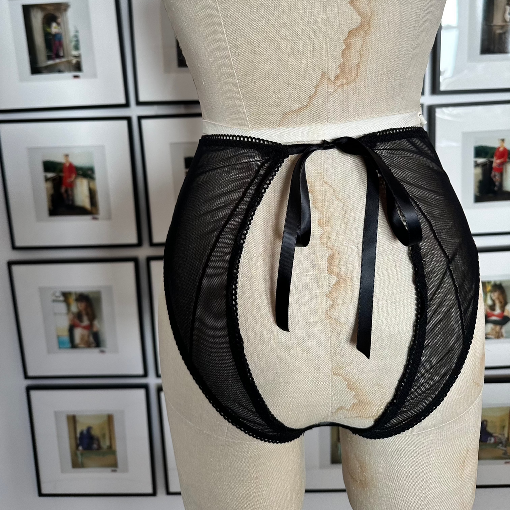 Side Close High-Waisted Backless Black Sheer Mesh Panties with Ribbon Tie 