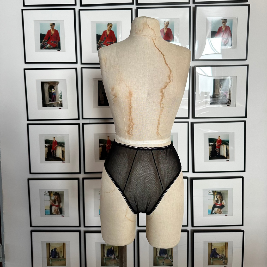 High-Waisted Backless Black Sheer Mesh Panties with Ribbon Tie 