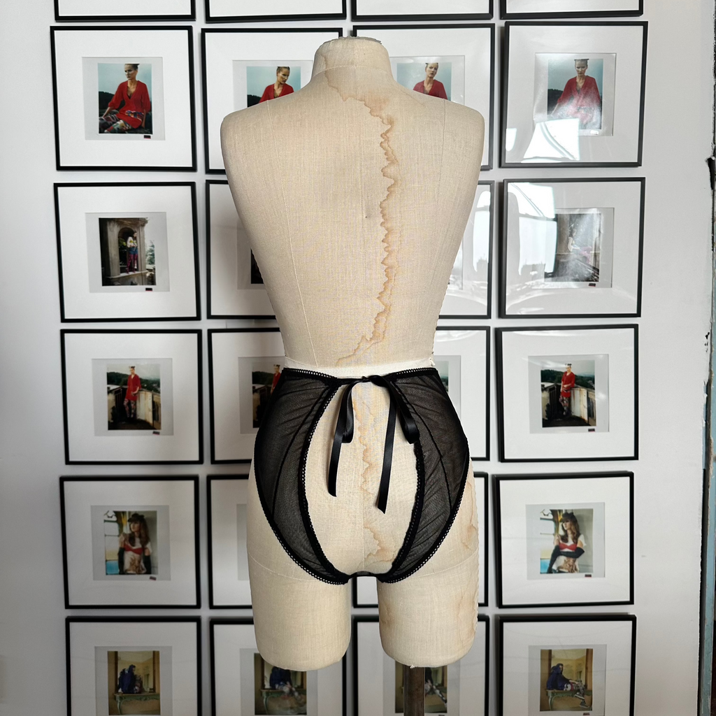 High-Waisted Backless Black Sheer Mesh Panties with Ribbon Tie 