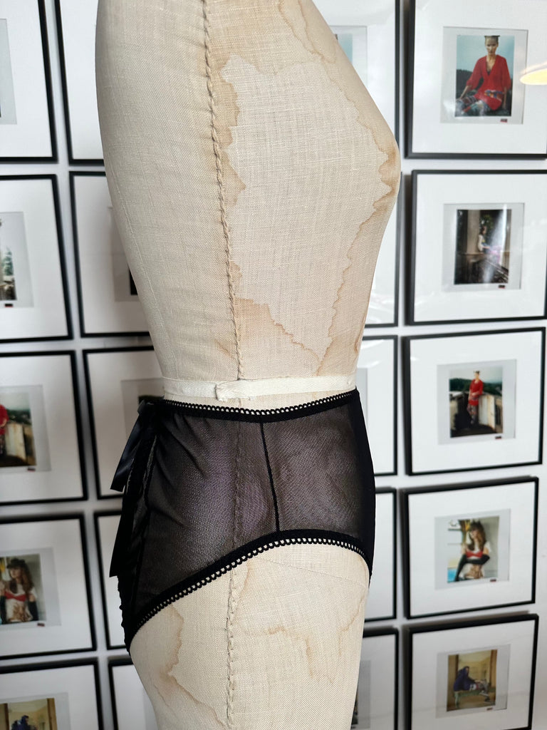 Side Close High-Waisted Backless Black Sheer Mesh Panties with Ribbon Tie 