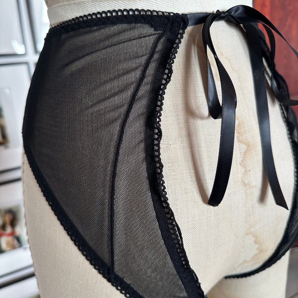 Side Close High-Waisted Backless Black Sheer Mesh Panties with Ribbon Tie 