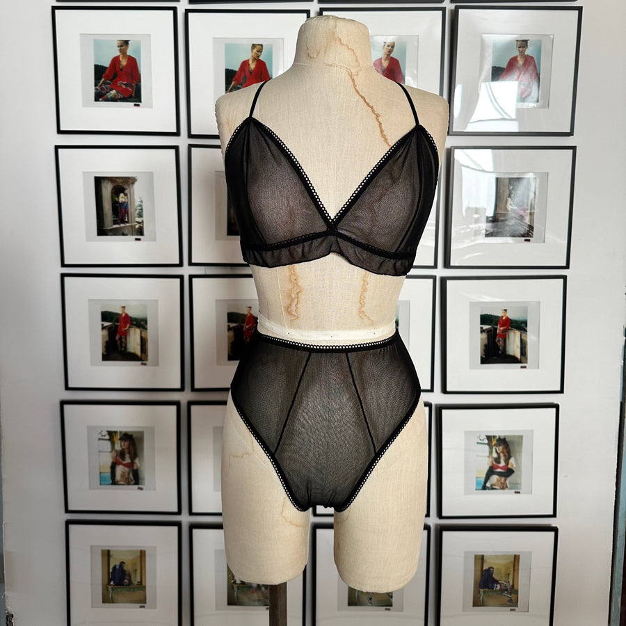 Side Close High-Waisted Backless Black Sheer Mesh Panties with Ribbon Tie 