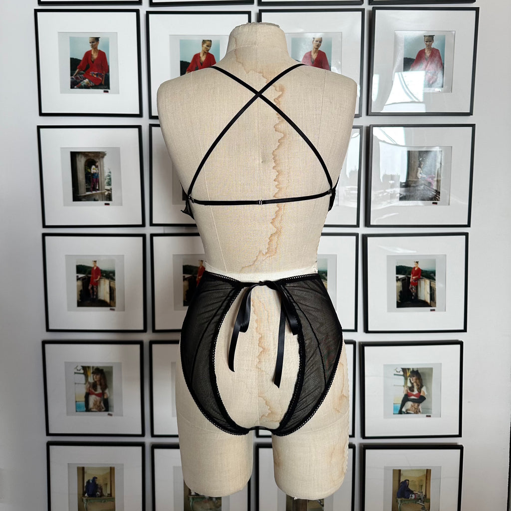 Side Close High-Waisted Backless Black Sheer Mesh Panties with Ribbon Tie 